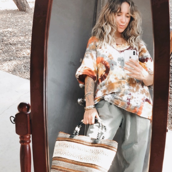 Fall Tone Custom Tie Dye Flare Sleeve Bohemian Peasant 3/4 Sleeve Top - Picture 7 of 10